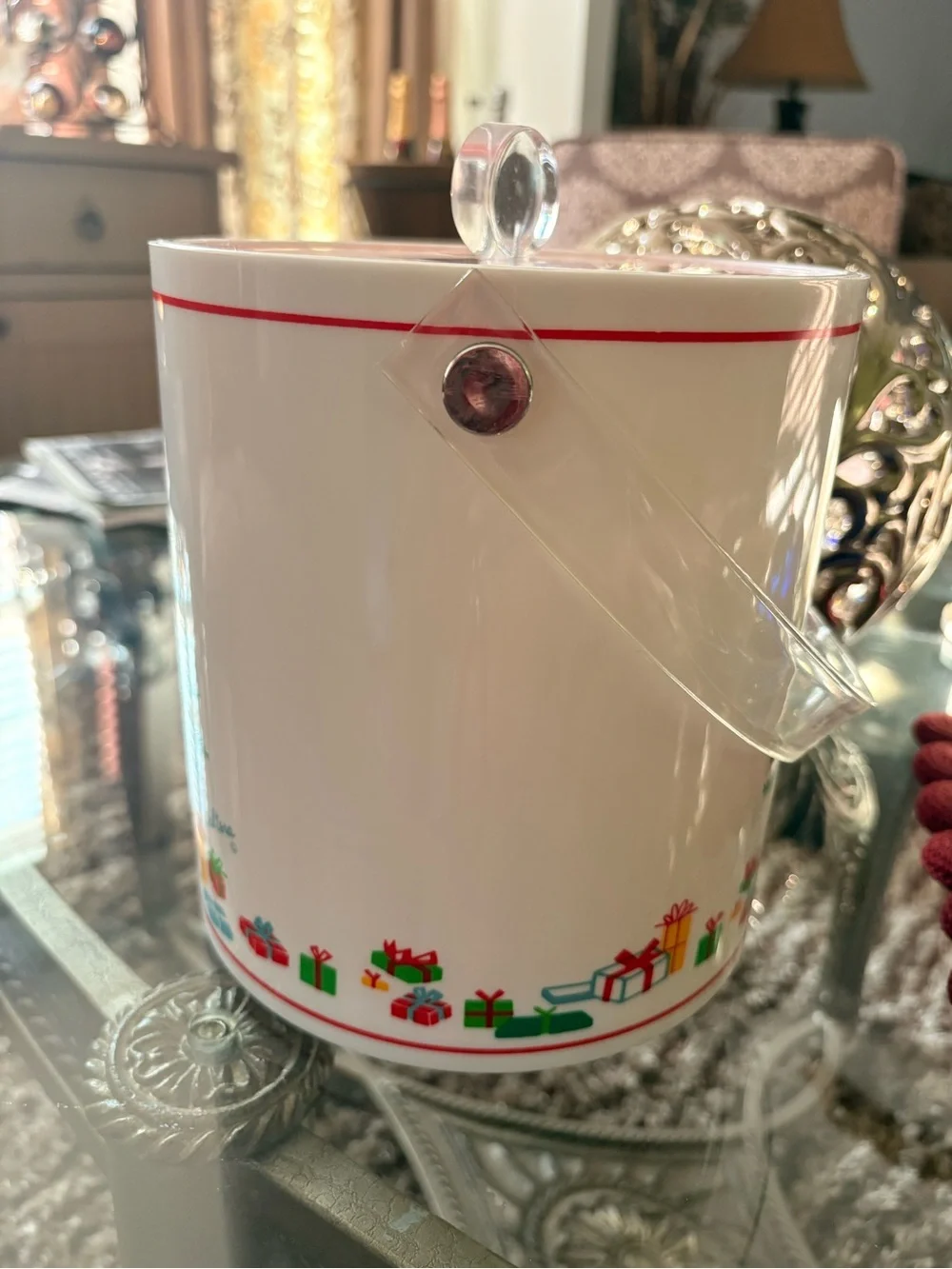 Saltera Vintage plastic Ice Bucket Canister with Green Christmas Tree Print